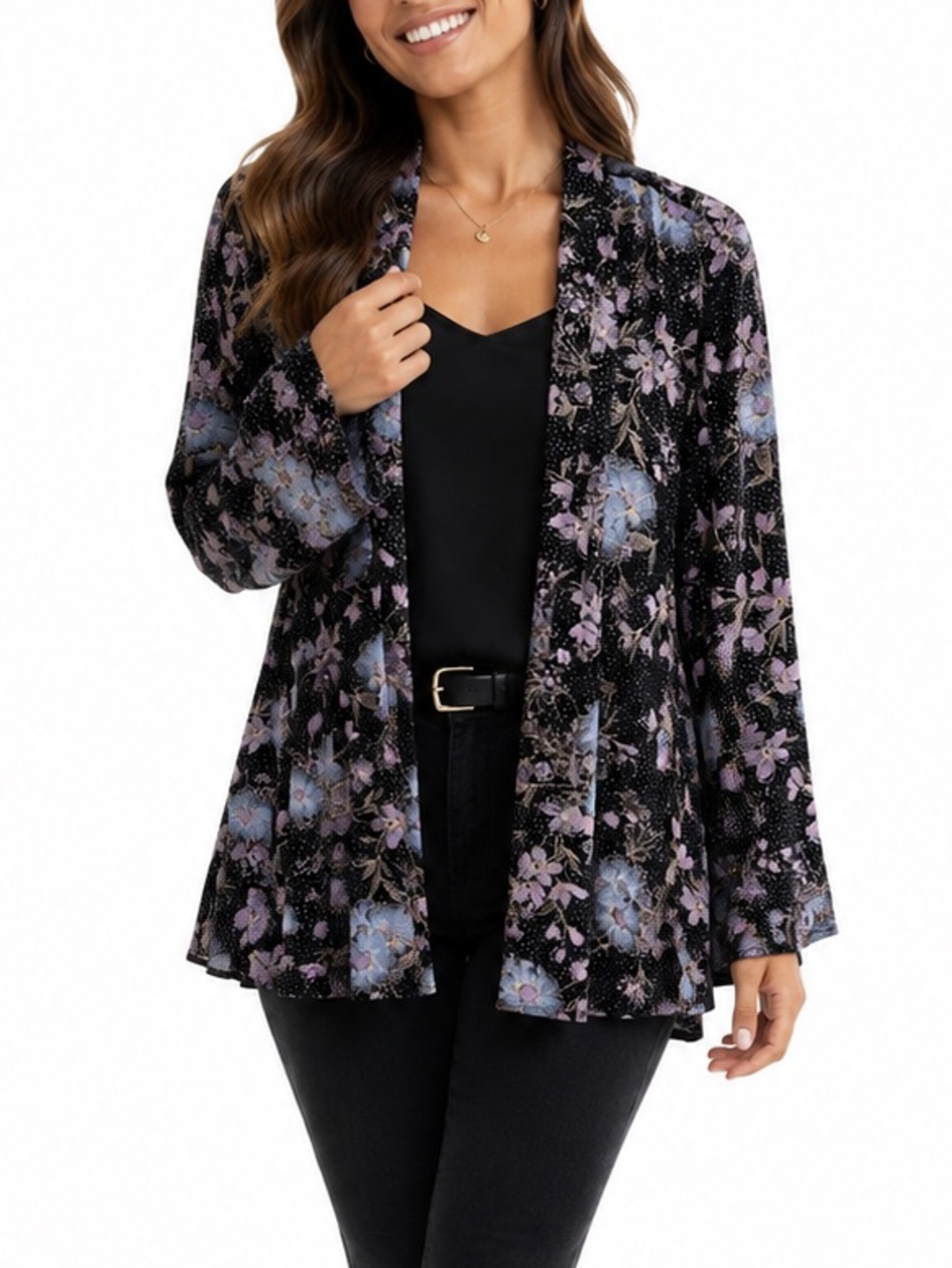 R&M Richards Women’s Size 20W Floral Open Front Jacket Top Black Made In USA